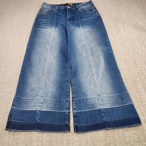 Wide Leg Crop Jeans Women 12 Y2K Embroidered Stretch Denim Suzanne Betro Blue